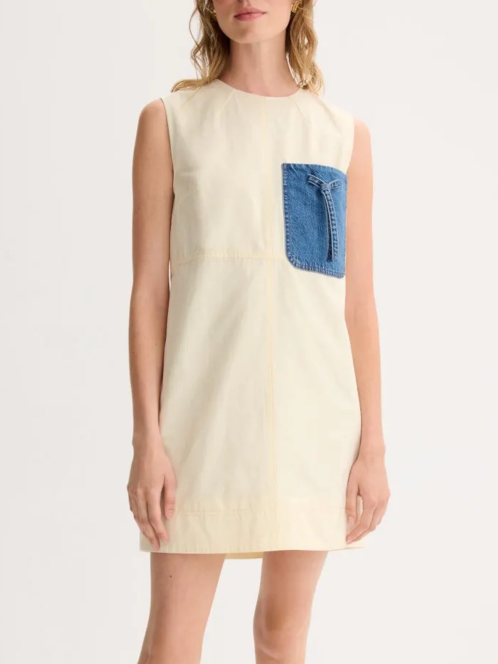 Tanya Taylor Cream Mini Shift Dress with Blue Denim Pocket NWT